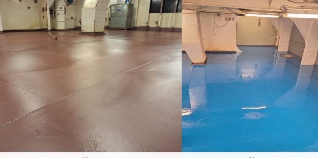 Voor- en nabeeld van de kunststofvloer op schip de Balder